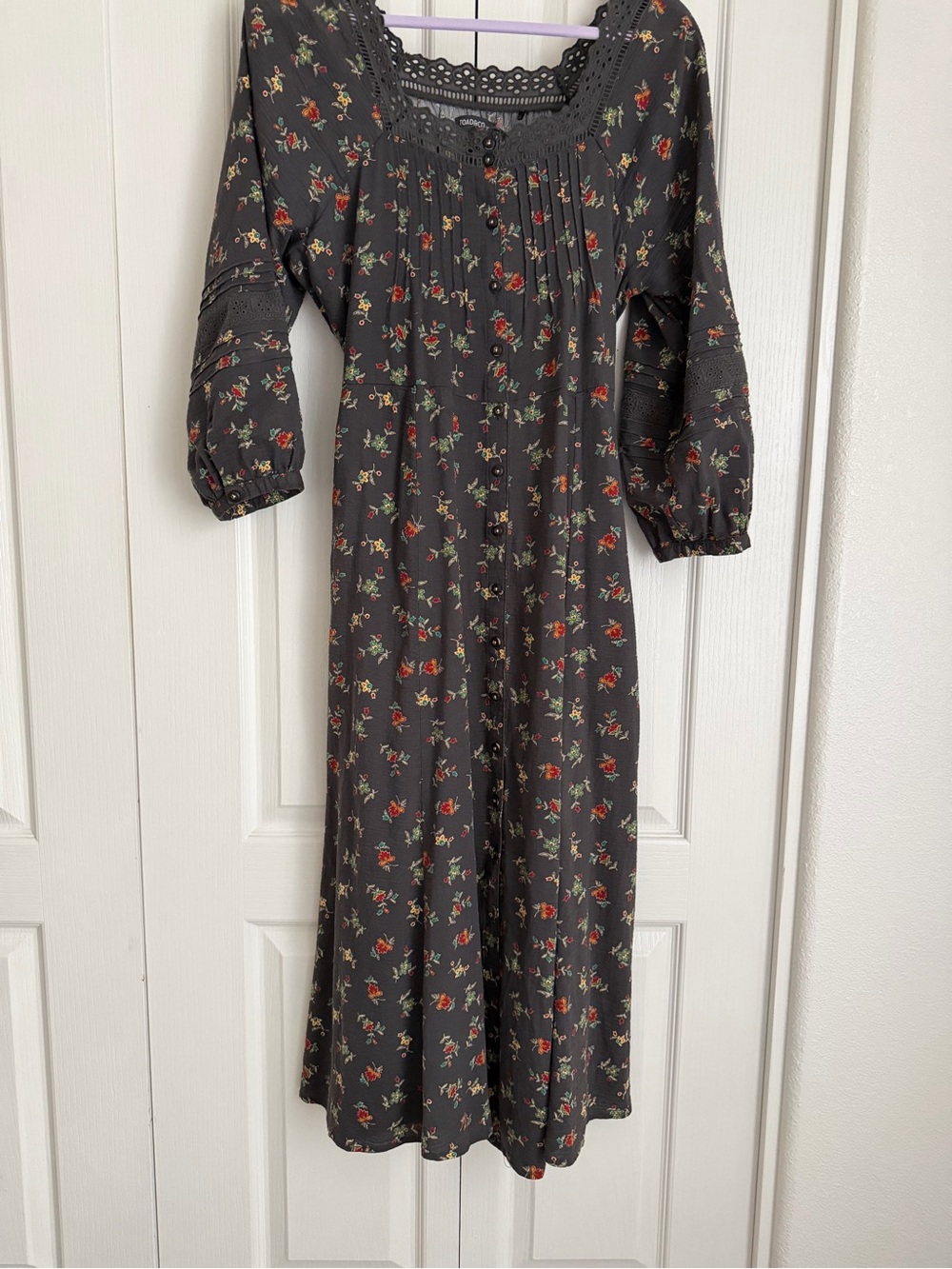 Toad&Co Charcoal Floral Midi Dress with Red & Green Accents